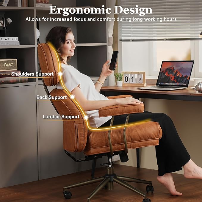 Mid Century Modren Big and Tall Office Chair,Large Ergonomic Executive Chair for Heavy Duty People, Desk Task Chair with Wheels, Faux Lether Fabric Wide Chair for Home Sturdy,Brown(Suede)