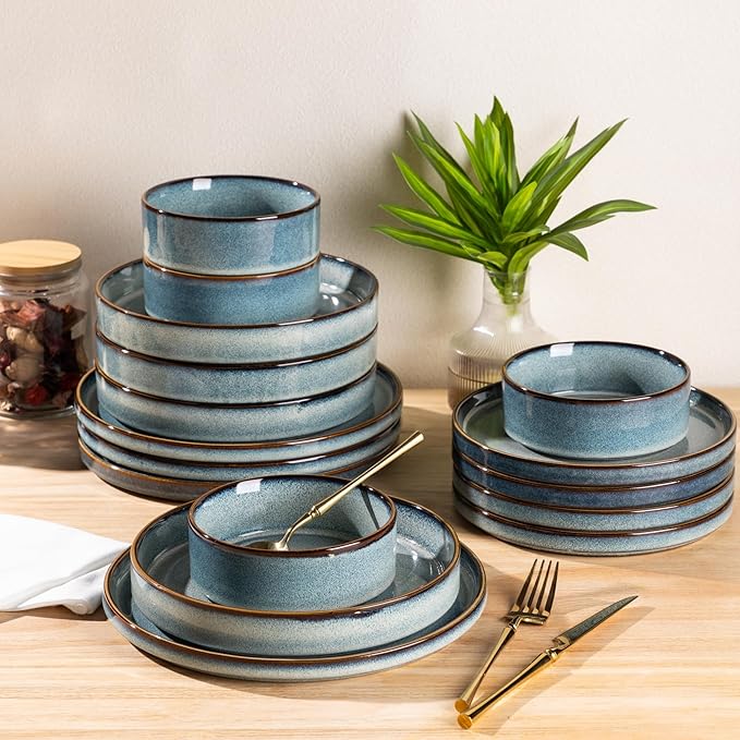 GBHOME Ceramic Dinnerware Sets With Double Bowl for 4, 16 Pieces Stoneware Plates and Bowls Set, Reactive Glaze Dishes -Scratch Resistant, Dishwasher&Microwave Safe