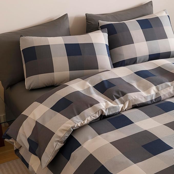 CLOTHKNOW Blue Plaid Comforter Set Twin/Twin XL Gingham Buffalo Bedding Comforter Sets Navy Beige Geometric Comforter Twin Sets