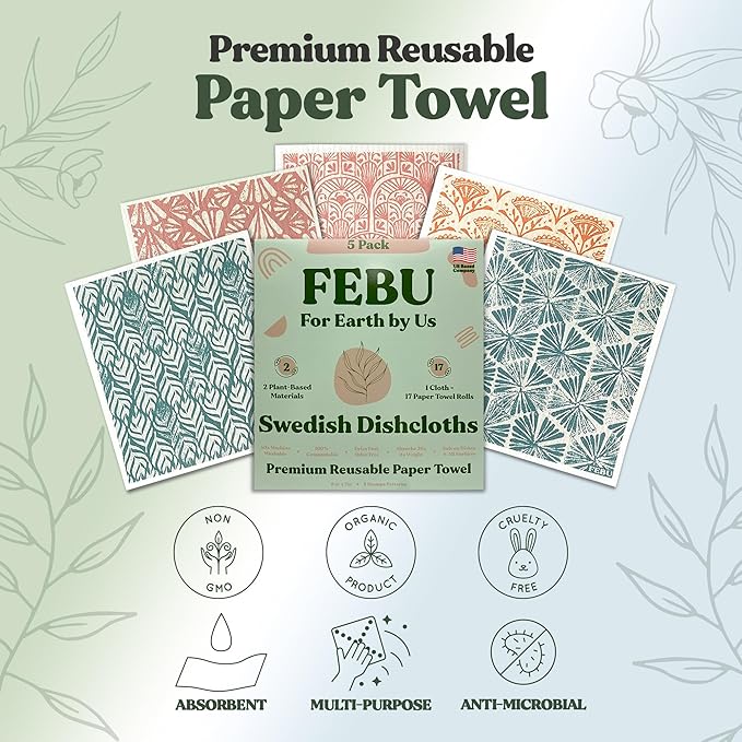 FEBU Swedish Dish Cloths 5 Pack Reusable Washable Kitchen Dish Towels, Stamps Pattern