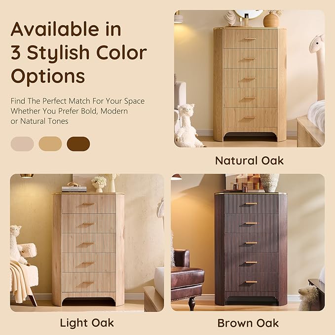 Fluted 5 Drawer Tall Dresser with Curved Profile,47.8" Tall Drawers with Reeded Texture,Gold Handles Storage Organizer Cabinet for Bedroom,Living Room,Entryway,Natural Oak