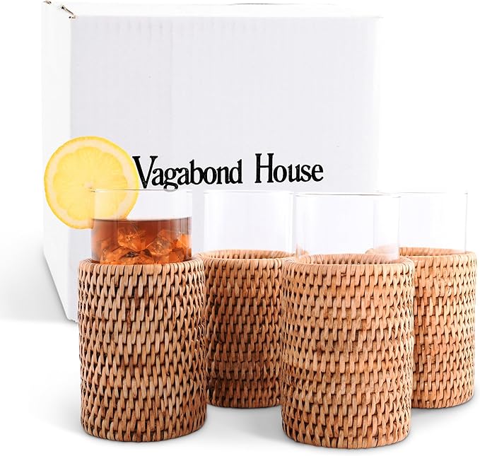 Vagabond House Natural, Removable Glass Water/Juice Glasses Set of 4, Handmade, Tall 6 Inches, Perfect for Kitchen and Home, Covered with Hand Woven Wicker Rattan