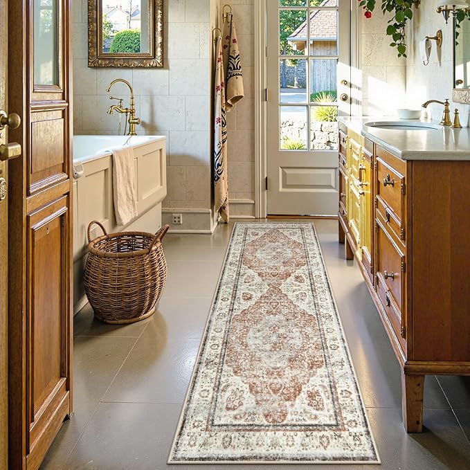 Uphome Bathroom Runner Rug, Distressed Tribal Farmhouse Orange Bathroom Mat, Large Bathroom Rugs Non Slip Washable, Oriental Retro Boho Bath Mat Runner for Bathtub Sink Hallway, 24x71 inch