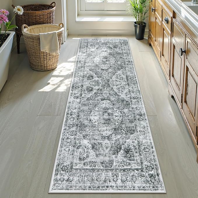 Uphome Bathroom Runner Rug, Distressed Tribal Farmhouse Gray Bathroom Mat, Large Bathroom Rugs Non Slip Washable, Oriental Retro Boho Bath Mat Runner for Bathtub Sink Hallway, 24x71 inch