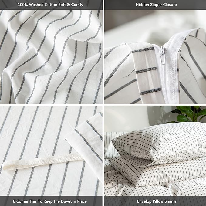 MooMee Striped Duvet Cover Set 100% Washed Cotton Linen Like Textured Breathable Durable Soft Comfy (White Dark Grey Wide Stripes, Alaska King 132"x120")