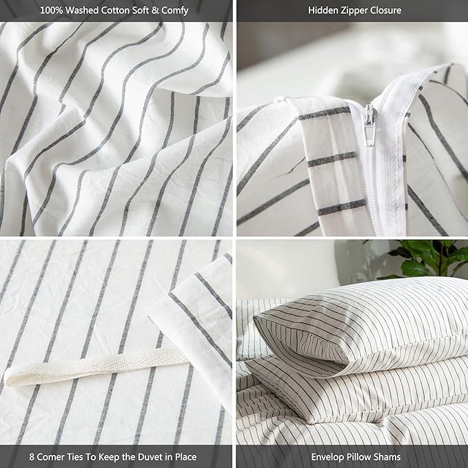 MooMee Striped Duvet Cover Set 100% Washed Cotton Linen Like Textured Breathable Durable Soft Comfy (White Dark Grey Wide Stripes, Full 80"x90")