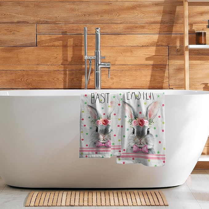 Easter Rabbit Hand Towels 2 Pack Pink Mrs Rabbit Decorative Holiday Fingertip Towels Soft Absorbent Kitchen 14x28