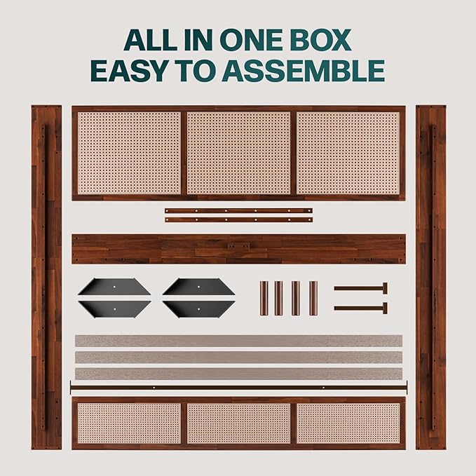 Bme Nancy King Size Bed Frame and Headboard, Unique Geometric Headboard, US Patent Pending Design, Mid Century Modern Style, Acacia Wood, 12 Slats, No Box Spring Needed, Easy Assembly, Dark Chocolate