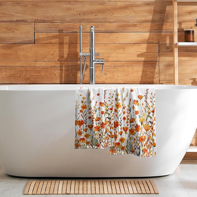 Watercolor Orange Daisy Hand Towels Autumn Floral Botanical Decorative Thanksgiving Seasonal Kitchen Spa 28x14