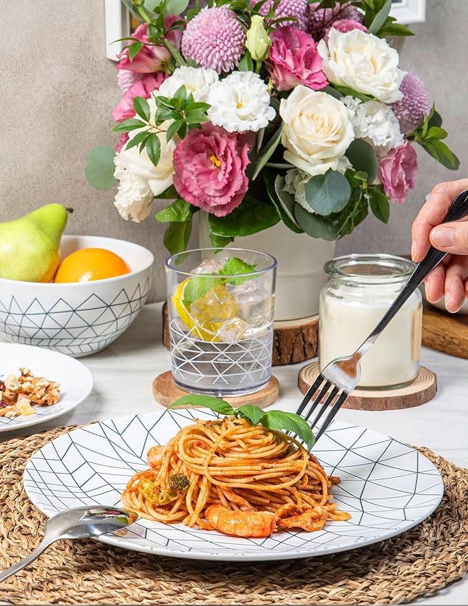 BZYOO 12 Piece Ceramic Dinnerware Set Modern Contemporary Design Plates and Bowls for Dining Glossy White Stoneware Dishes Set Microwave And Dishwasher Safe (Spidy Collection)