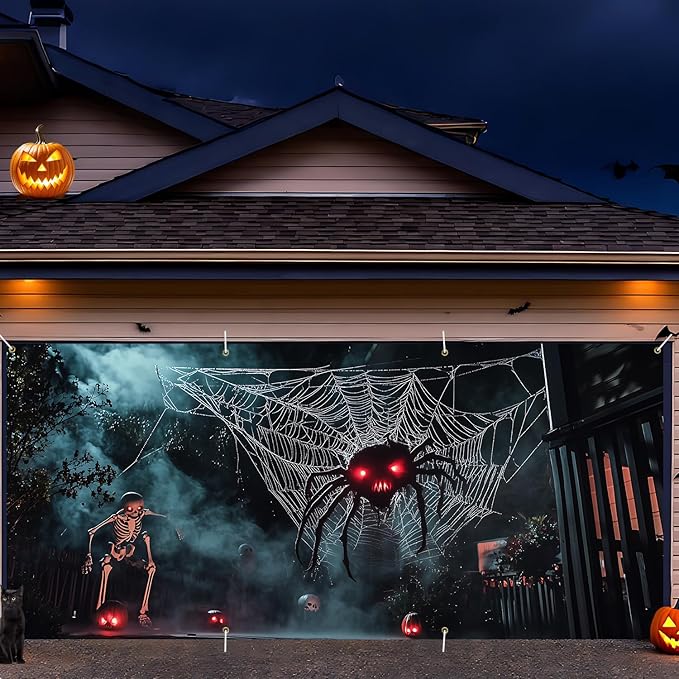 6 x 13 ft Halloween Garage Door Decorations Halloween decorations Witch Door Cover, Hanging Banner, Cauldron Backdrop Mural for Home, Outdoor, Indoor, Spooky Party, Wall, Window (Spider)