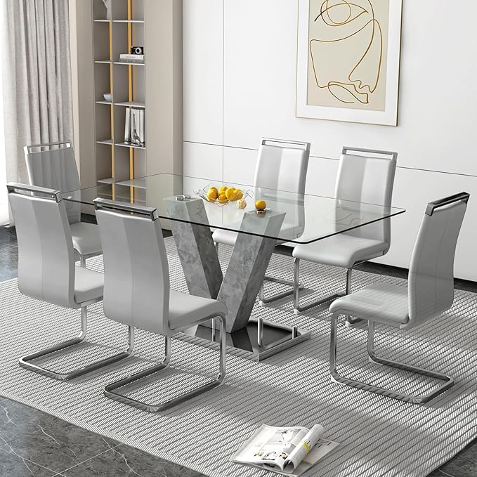 71" Glass Dining Table Set for 6, Kitchen Table and 6 PU Leather Chairs, Dining Table Set Ideal for Living Room