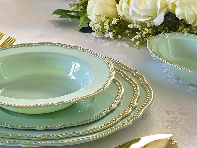 " OCCASIONS " 50 Plates Pack (25 Guests)-Heavyweight Wedding Party Disposable Plastic Plate Set -25 x 10.25'' Dinner + 25 x 7.5'' Salad/dessert plates (Rochelle Seafoam/Mint and Gold))