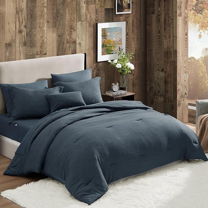 Geniospin Twin Comforter Set - 5 Pieces Comforter Twin Size, Solid Bedding Sets for All Season, Textured Bed in a Bag with Flat Sheet and Fitted Sheet, Pillowcases and Shams (Navy Blue, 66''x86'')