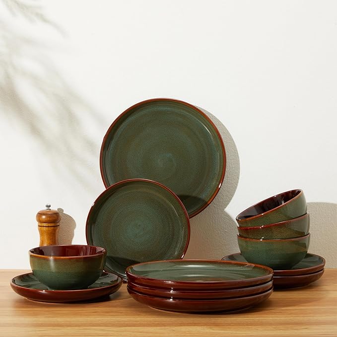 Stoneware Dinnerware Sets for 6, Microwave Safe Plate and Bowl Set, Easy to Clean & Durable Dishes Sets for Small to Medium Families, Sage Green
