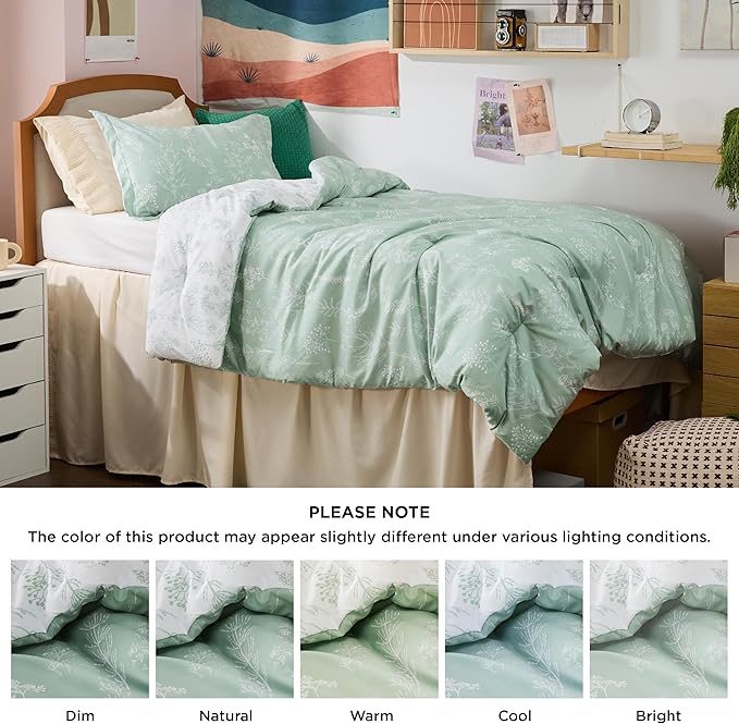 Bedsure Twin/Twin XL Comforter Set - Sage Green Bed Set, 2 Pieces Cute Floral Bedding, 1 Soft Reversible Botanical Flowers Comforter and 1 Pillow Sham