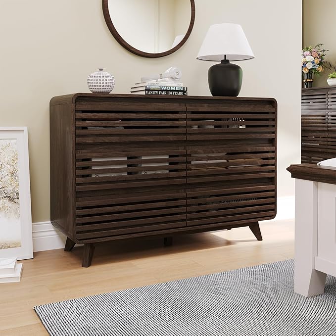 Walnut Dresser for Bedroom, Fluted 6 Drawers Dresser, Wide Chests of Drawers with Grille & Curved Design, Dressers Slides Pre-Installed, Large Wood Drawer Organizer for Bedroom Hallway