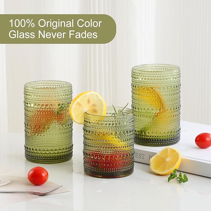 Vintage Hobnail Drinking Glasses Set of 8 Green 12 oz & 15oz Highball Glass Cups Kitchen Drinkware Glassware Embossed