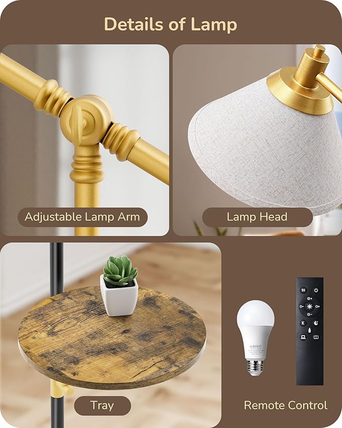 EDISHINE 68" Arc Floor Lamp with Table, Vintage Standing Lamp for Living Room, Height Adjustable, 5 Color Temperatures LED Bulb Included, Beige Shade, for Bedroom Office, Wood Grain