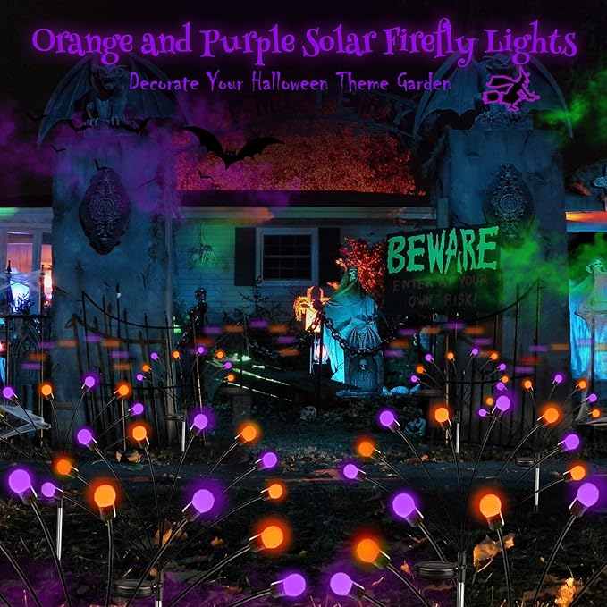 Halloween Decorations Outdoor Solar Pathway Lights, 6 Pack 48LED Solar Firefly Lights Orange and Purple, Sway by Wind, Waterproof Solar Halloween Lights for Patio Garden Yard Lawn Horror Party Decor