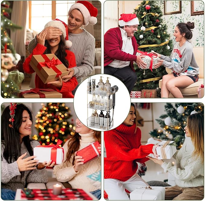 Aveniee Bathroom Counter Organizer,3 Tier Skincare Perfume Countertop Storage with Hair Dryer Rack and Toothbrush Holder, Cosmetic Makeup Tray for Vanity - Gold