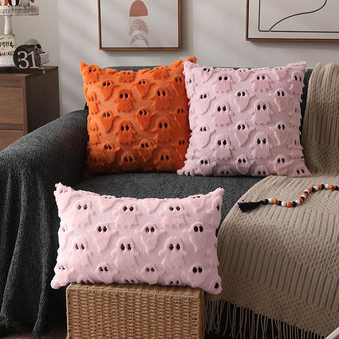 DFXSZ Halloween Pillow Covers 12x20 inch Set of 2 Pink Ghost Throw Pillow Cases Soft Plush Faux Fur Wool Cushion Case for Chair Bedroom Living Room Home Decor PTK03B12