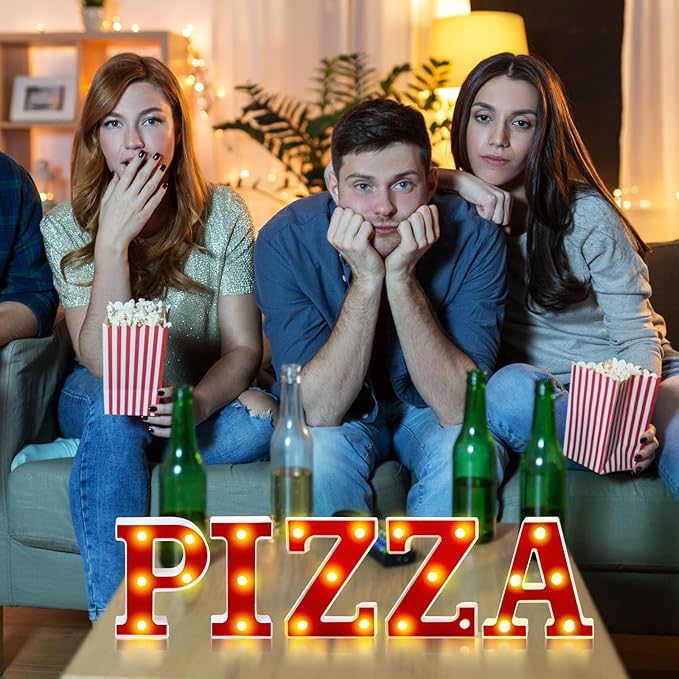 Pizza Light up Letters Sign Party Decorations Battery Powered Marquee Lighted Sign LED Alphabet Letter Lights for Christmas Night Party Birthday Home Tabletop Decor Supplies Xmas Gift