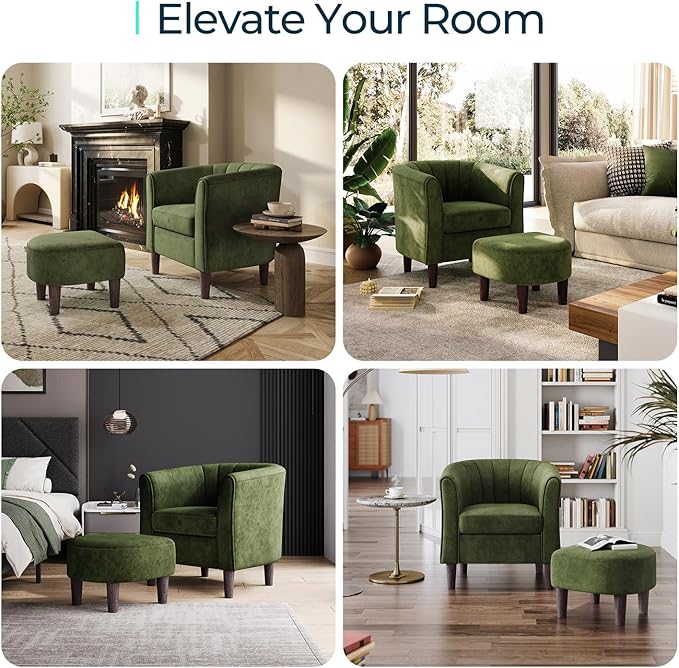 LINSY Accent Chair with Ottoman, Modern Armchair Comfy Barrel Reading Chair with Footrest for Living Room Bedroom Reading Room, Velvet, Olive Green