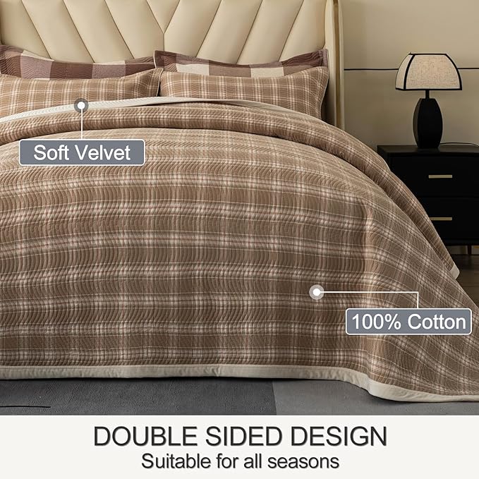 Cotton Plaid Quilt Set Queen 3 Piece Lightweight Reversible Bedding, Grid Beige