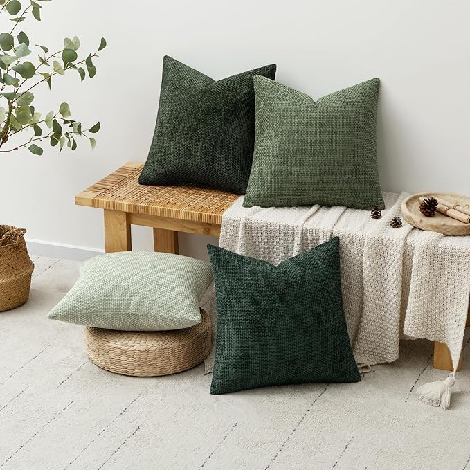 MIULEE Pack of 4 Christmas Throw Pillow Covers 16x16 Inch Green Soft Decorative Chenille Pillow Covers Farmhouse Accent Cushion Covers for Boho Home Decor Bedroom Living Room