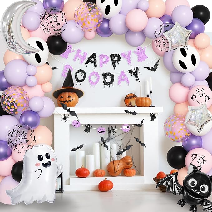 Amandir Pastel Pink Purple Halloween Birthday Party Decorations, Happy Boo Day Glitter Banner Halloween Balloon Arch Garland kit Foil Bat Ghost Balloons Cake Toppers for Kids Girl Spooky Baby Shower