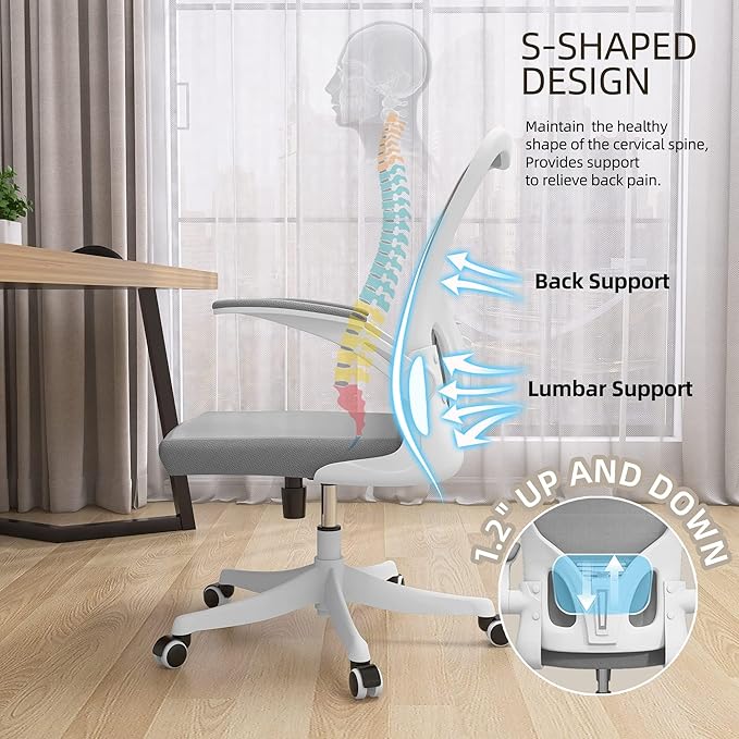 Ergonomic Office Chair, High-Back Mesh Desk Chair with Adjustable Height, Lumbar Support, Flip-Up Armrests,headrest,and Swivel Rolling Design for Home and Office Use