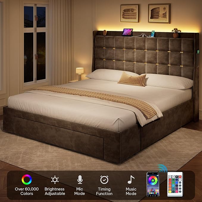 DWVO Queen Size Bed RGB LED Lights, Velvet Upholstered Platform Bed, Grey