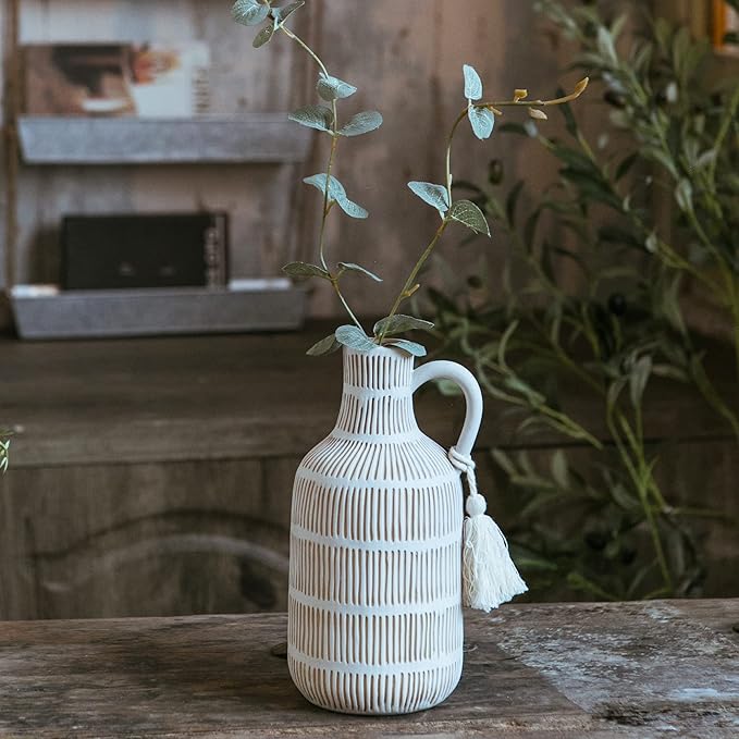 Farmhouse Vase with Handle and Tassel, Grey Yellow Vertical Stripes Design Clay Vase 10'' Tall - Ceramic Flower Vase for Rustic Home Decor, for Fireplace Kitchen Living Room Centerpieces