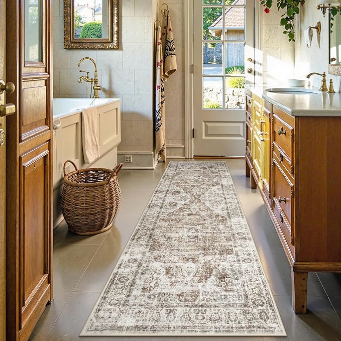 Uphome Bathroom Runner Rug, Distressed Tribal Farmhouse Khaki Bathroom Mat, Large Bathroom Rugs Non Slip Washable, Oriental Retro Boho Bath Mat Runner for Bathtub Sink Hallway, 24x71 inch
