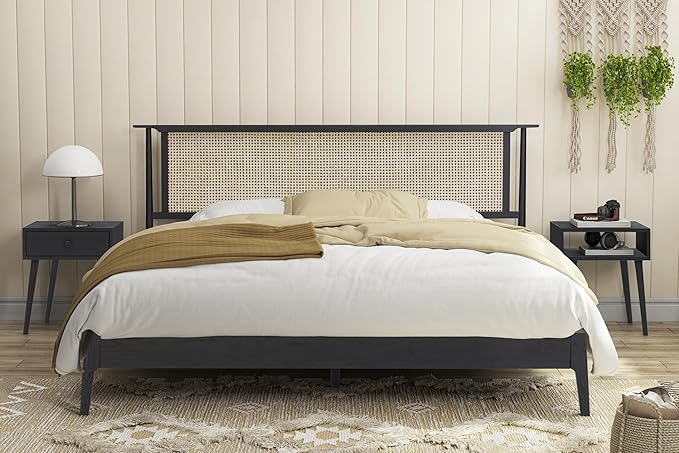 NTC Ruby Wooden Bed Frame with Headboard and Natural Rattan, Solid Oak Foundation with Silent Slats, 1000 Lb Capacity, Effortless Assembly, King - Burnt Black
