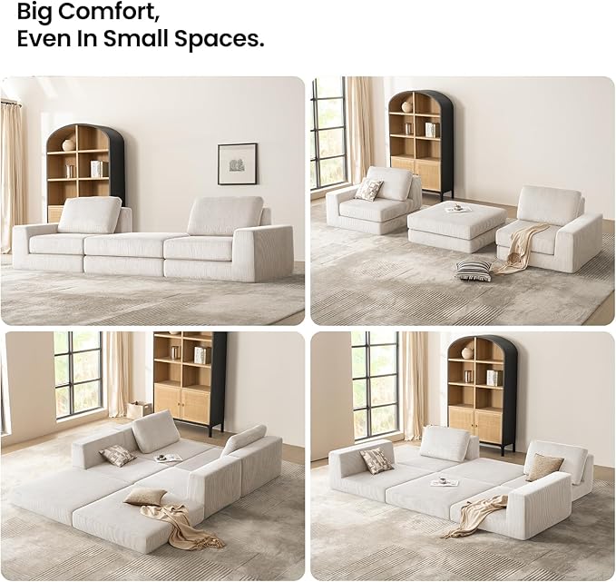 120.47‘’ Boneless Couch Cloud Modular Sectional Couches for Living Room, Oversize L-Shape Sofa with Deep Seat, Plush Corduroy 3-Seater with Ottoman, No Assembly Required