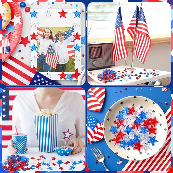 120Pcs Patriotic Acrylic Star Ornaments Vase Filler Translucent Crystals Gems Independence Day Memorial Day Veterans Day Table Scatters for Holiday Decoration Party Favors Craft Supplies