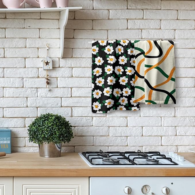 Modern Kitchen Towels Set of 2 Geometric Stripe Green Orange Microfiber