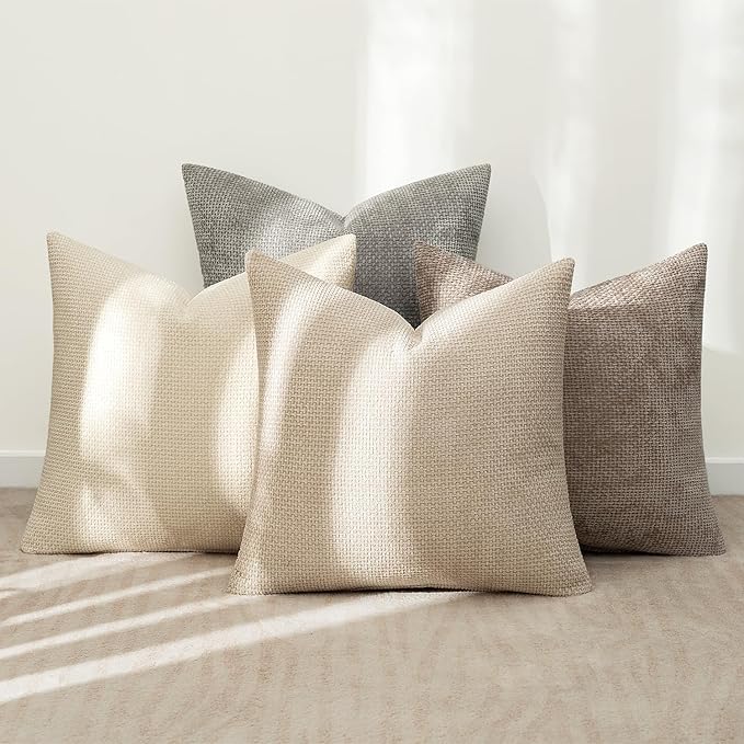 MIULEE Pack of 4 Christmas Throw Pillow Covers 16x16 Inch Neutral Beige/Brown Soft Decorative Chenille Pillow Covers Farmhouse Accent Cushion Covers for Boho Home Decor Bedroom Living Room
