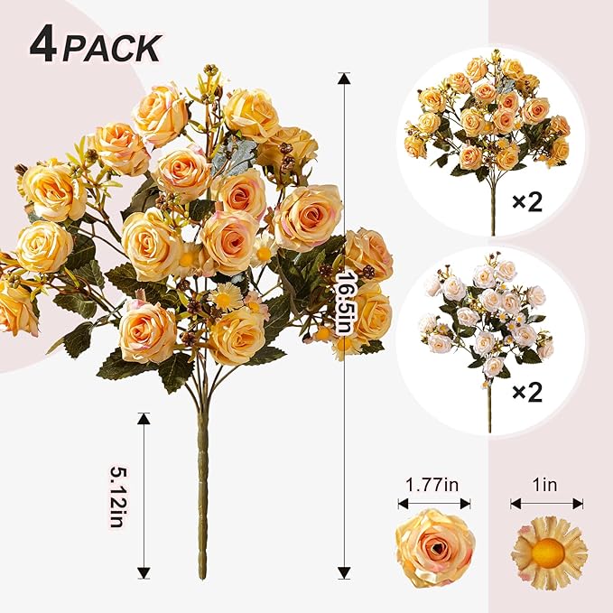 Artificial Flowers for Outdoor 4 Bundles Rose Bouquet with Daisy Faux Flowers UV Resistant for Home Indoor Outside Garden Porch Window Box Balcony Yard Porch Decor (White+Yellow)
