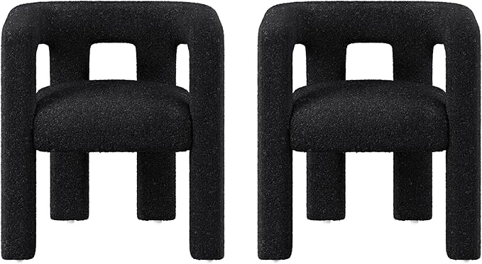BELLEZE Modern Boucle Barrel Dining Chair Set of 2, Upholstered Linen Kitchen Boucle Armchair with Sidearms and Back, for Dining Room Living Room- Black