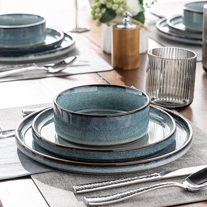 GBHOME Ceramic Dinnerware Sets With Double Bowl for 4, 16 Pieces Stoneware Plates and Bowls Set, Reactive Glaze Dishes -Scratch Resistant, Dishwasher&Microwave Safe