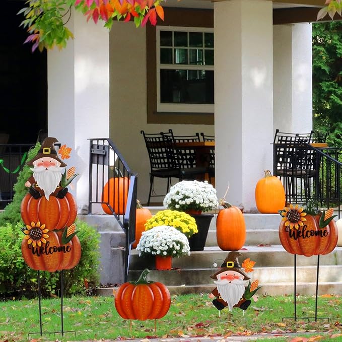 Fall Yard Stakes Large 39.3inch with Gnome and Sunflowers for Thanksgiving Decorations, Metal Pumpkins for Outdoors Garden Patio Harvest Decor
