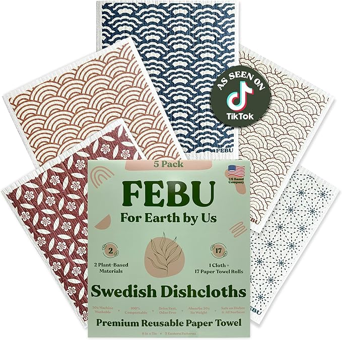 FEBU Swedish Dish Cloths 5 Pack Reusable Washable Kitchen Dish Towels, Eastern Pattern