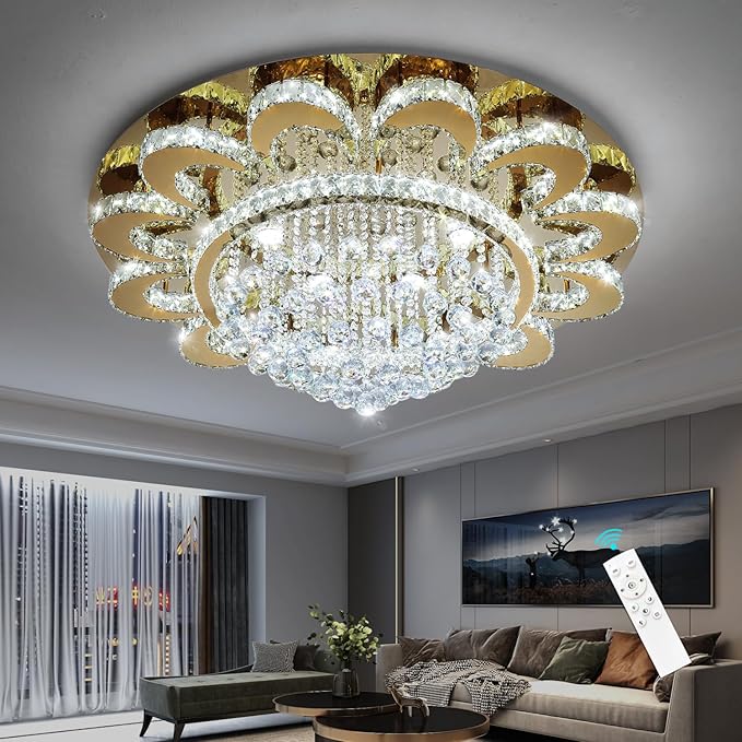 Modern Chandelier Living Room Light Glam Chandeliers Ceiling Light Fixture Remote Dimmable Lights 40 Inches Luxury Crystal Gold Dining Room Lights