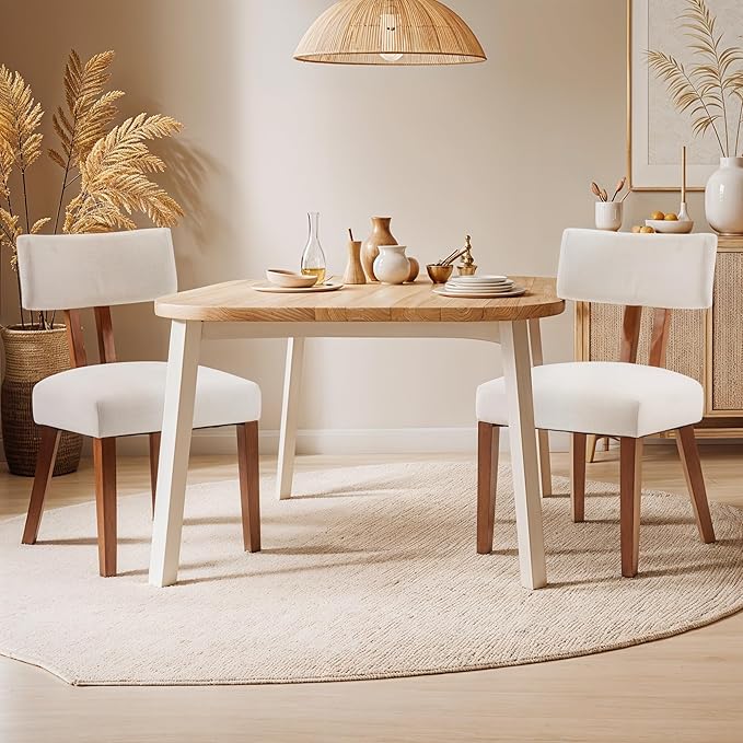 MOJAY Dining Chairs Set of 2, Mid Century Modern Kitchen Chairs Farmhouse Linen Fabric Side Chairs with Curved Backrest for Kitchen, Dining Room, Restaurant, or Patio, Off-White
