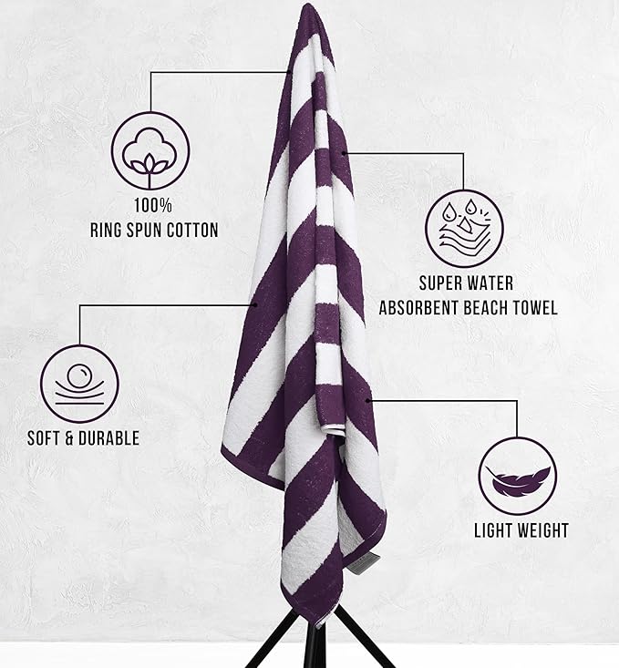 Utopia Towels 4 Pack Cabana Stripe Beach Towel Oversized 100% Ring Spun Cotton Beth Towels Highly Absorbent, Plum