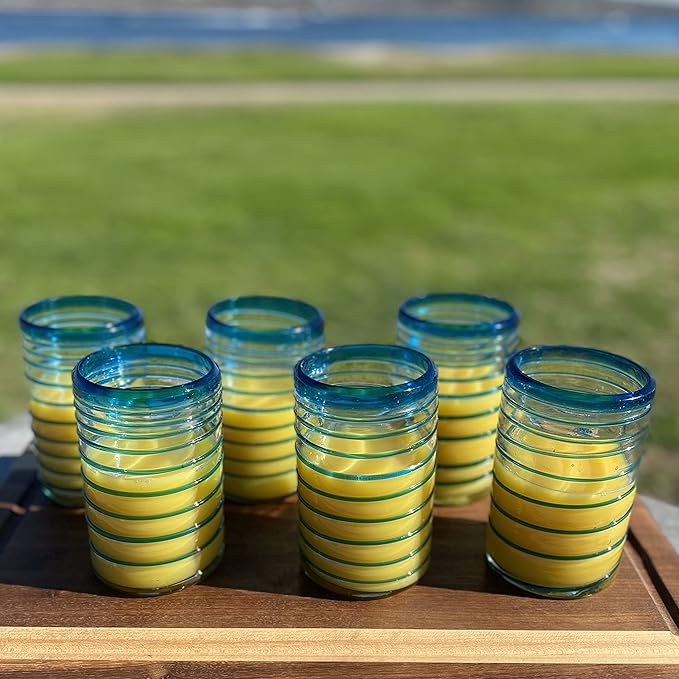 Hand Blown Mexican Drinking Glasses – Set of 6 Glasses with an Aqua Spiral Design (14 oz each) …