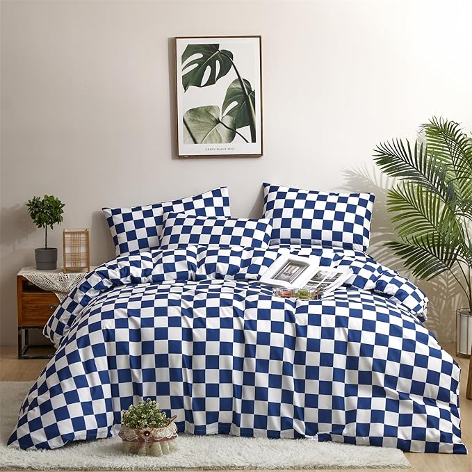 CLOTHKNOW Blue White Plaid Full Size Comforter Sets Checkerboard Bedding Comforter Sets Soft Grid Comforter with 2 x Pillow Cases